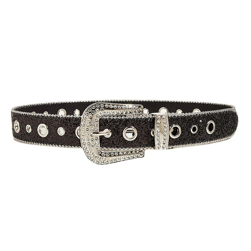 Goth Rhinestone Belts Women PU Leather Strap Bling Diamond Crystal Waist Belts Western Cowboy Y2K Girls Fashion Belt for Jeans