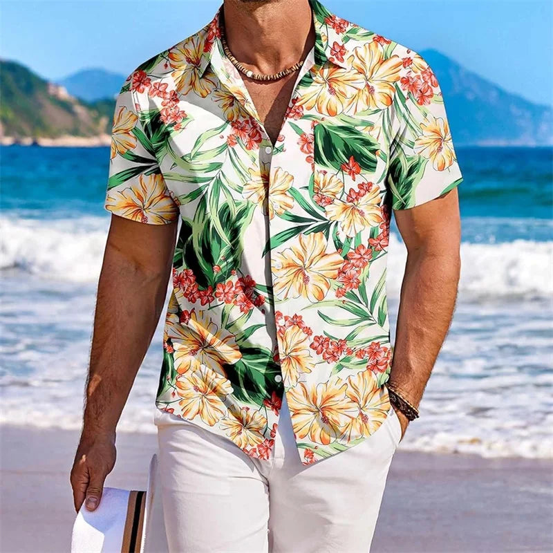 Men s Floral Print Short Sleeve Button Down Shirt with Chest Pocket for Casual Wear and Summer Outings Perfect for Beach and