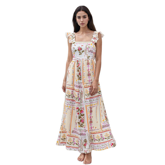 Elegant Vintage Style Sleeveless Floral Print Square Neck Midi Dress with Adjustable Straps for Women s Summer Fashion