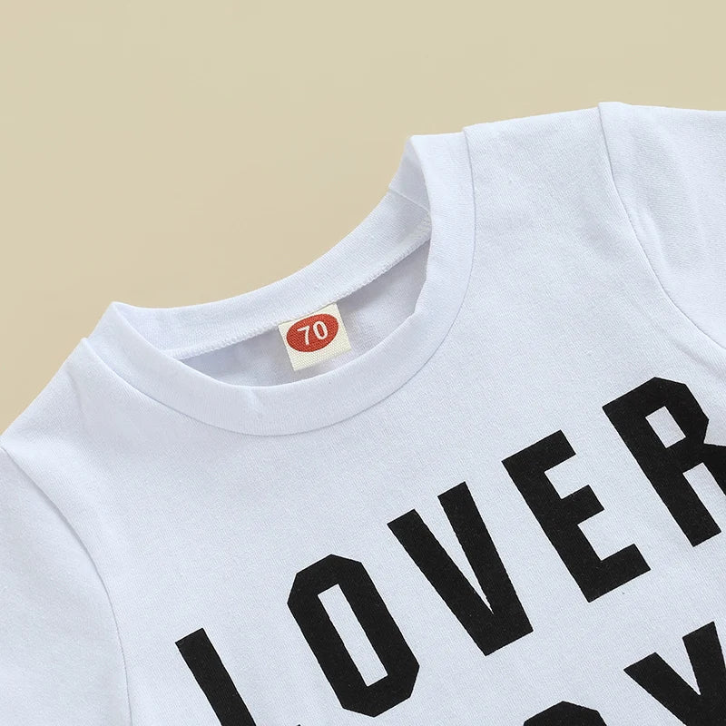 Boys 2-Piece Set with Short Sleeve Letter Print T-Shirt and Solid Color Long Pants Round Neck Tee and Trouser Outfit