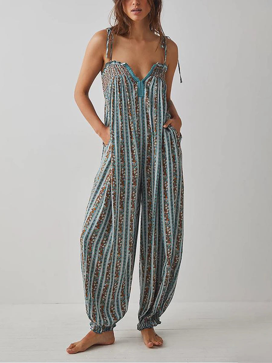 Women Summer Cami Jumpsuits Retro Floral Print Tie-Up Spaghetti Strap Sleeveless Long Rompers Fashion Loose Playsuits