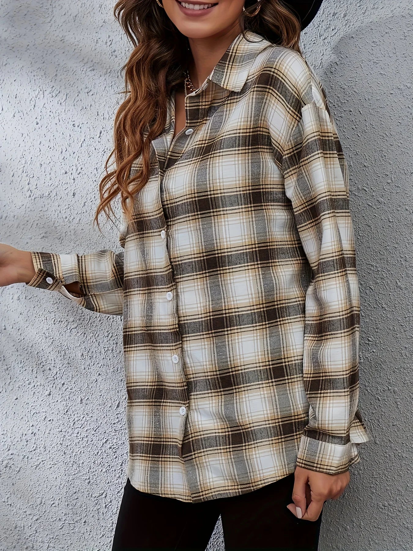 Women's Plus Size Fashionable Checkered Printed Shirt Long Sleeved Lapel Button Casual Commuting Shirt