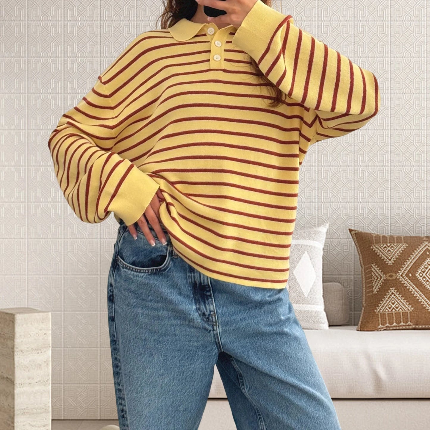 Women s Striped Collared Sweater with Loose Fit and Long Sleeves - Stylish Pullover Knit Top for Casual Winter and Fall Fashion