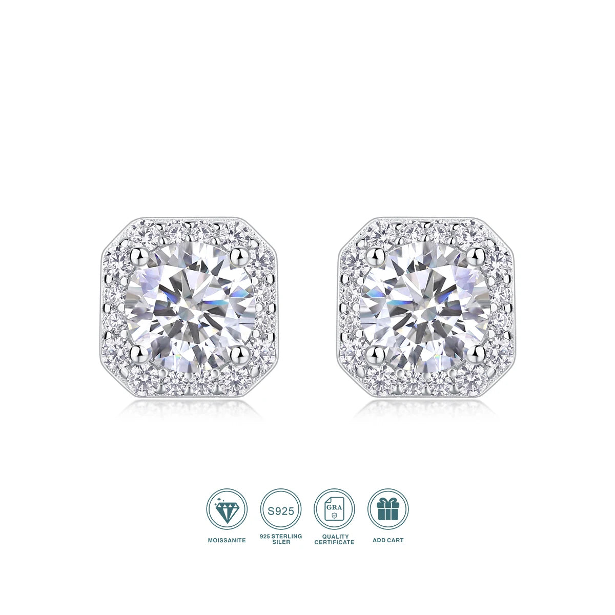 1 Carat Moissanite Earrings Octagon Halo Design 925 Sterling Silver 18K Gold Plated Gift Comes with GRA Certificate