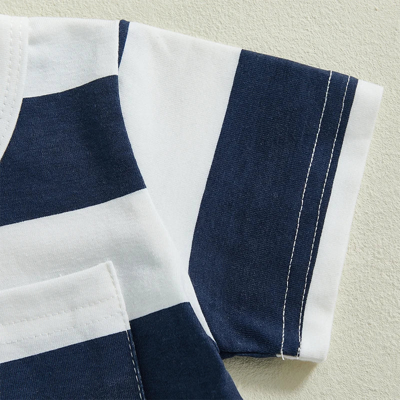 Boys Summer Outfit Set Short Sleeve Striped Tee and Solid Color Shorts Set with O Neck Design for a Stylish Look