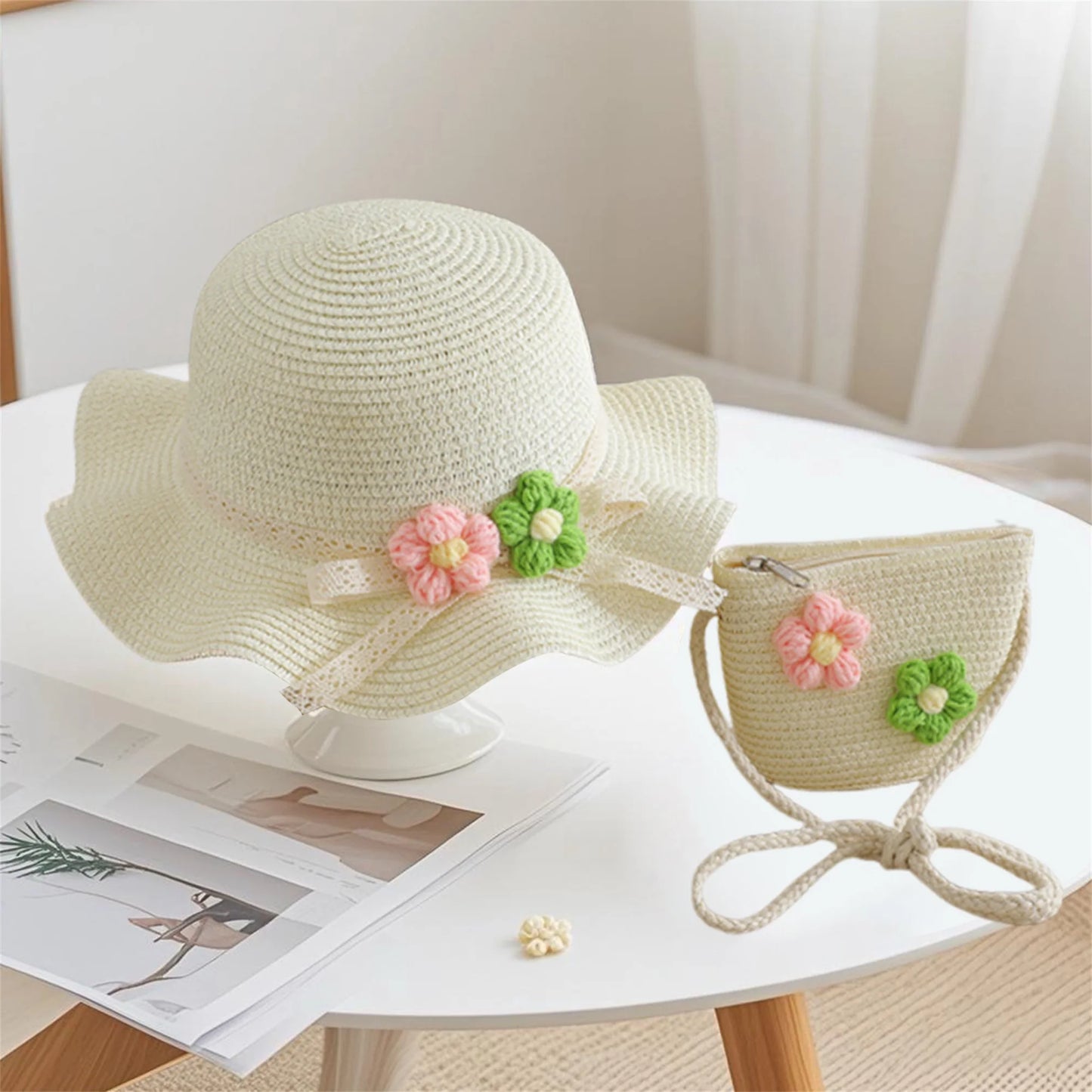 Girls Summer Sun Hat and Tote Bag Set with 3D Floral Embellishments Lace Detail Wide Brim and Adjustable Crossbody Strap