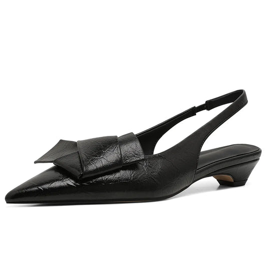 GIGIFOX Kitten Low Heels Bownkot Pointy Toe Leisure Sandals Pleated Slip-on Back Strap Flats Chic Office Ladies Shoes For Woman