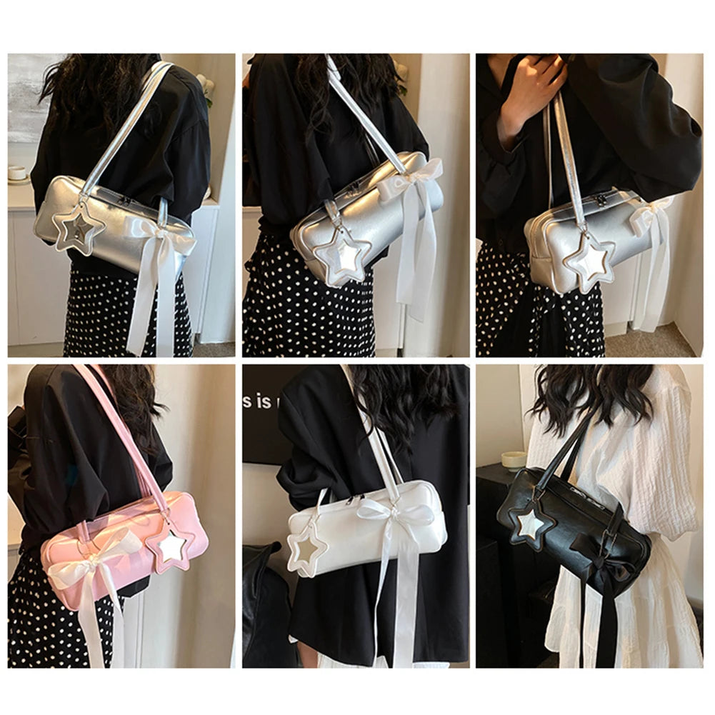 Women Bow Shoulder Bag with Star Pendant Fashion Shoulder Purse PU Leather Bow Underarm Handbag Girls Outdoor Daily Bag