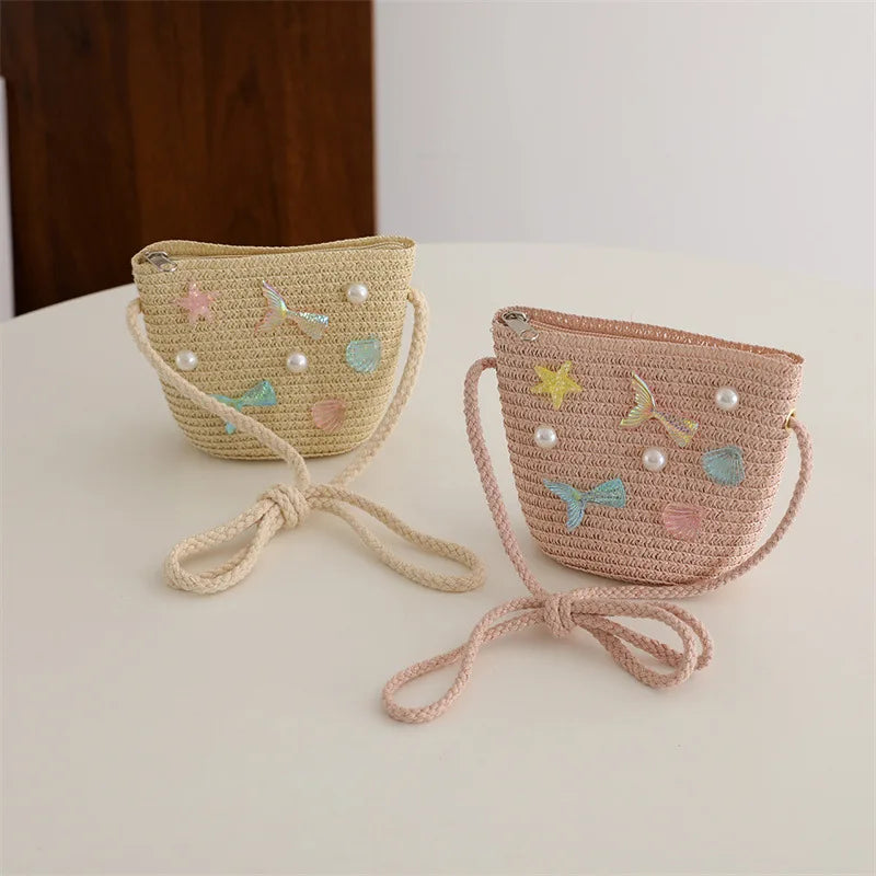 Children's Straw Woven Summer Crossbody Bag Cute Girl Coin Wallet Shoulder Bag Colorful Shells Fish Tail Zero Wallet Kids Gifts
