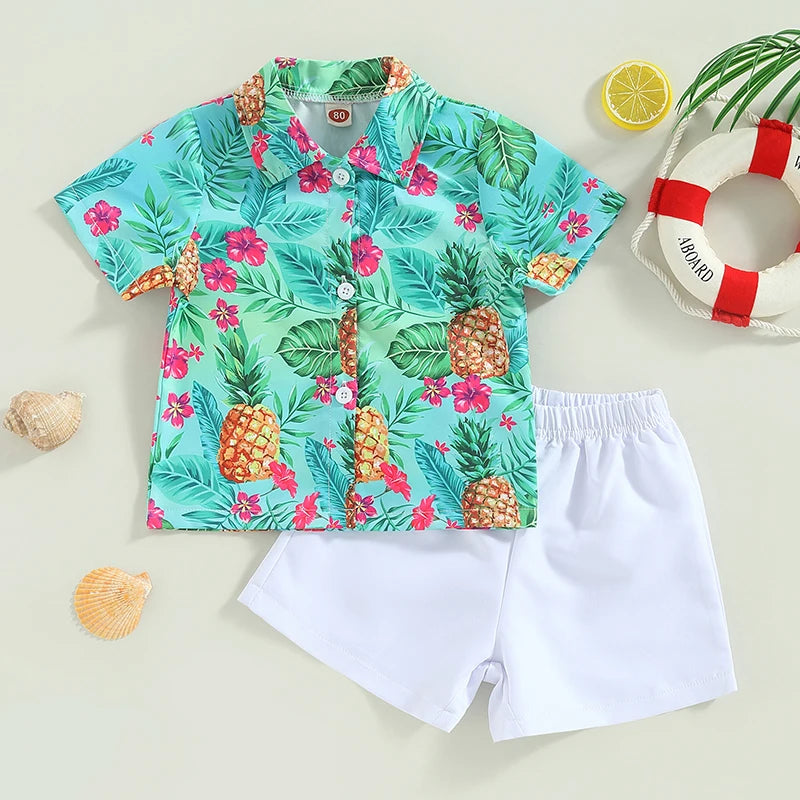 Baby Boy Summer Outfits Hawaiian Print Short Sleeve Shirt Denim Shorts Set for Toddler Boys
