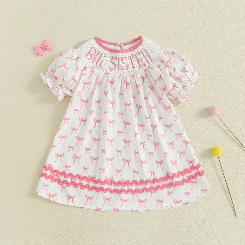 Cute Baby Girls Floral Print Ruffle Sleeve Round Neck Casual Dress Toddler Summer Dress with Bow Detail and Embroidered Letters