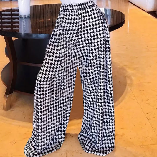 Trendy Clothing  Autumn Women's Houndstooths Long Pants High Waisted 2024 Winter Loose Wide Leg Woman Plaid Trousers