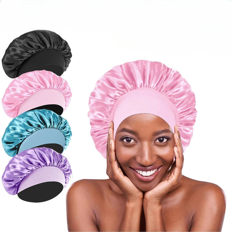 Women Satin Bonnet Night Sleep Cap Hair Hat Silk Head Cover Wide Elastic Band