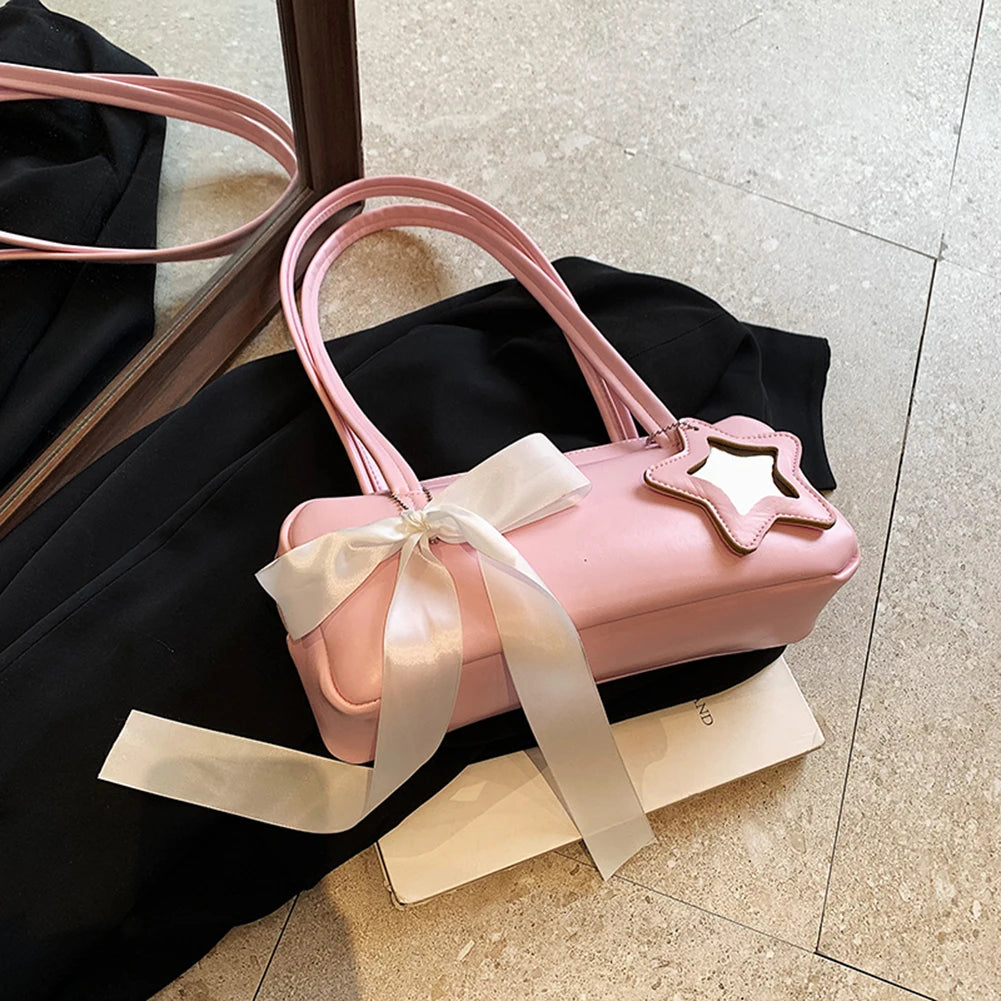 Women Bow Shoulder Bag with Star Pendant Fashion Shoulder Purse PU Leather Bow Underarm Handbag Girls Outdoor Daily Bag