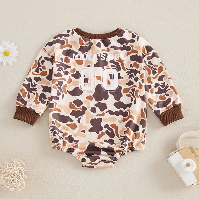 Infant Boys Fall Outfits Camouflage Letter Pattern Long Sleeve Crew Neck Rompers with Elastic Waist Pants 2 Pcs Set