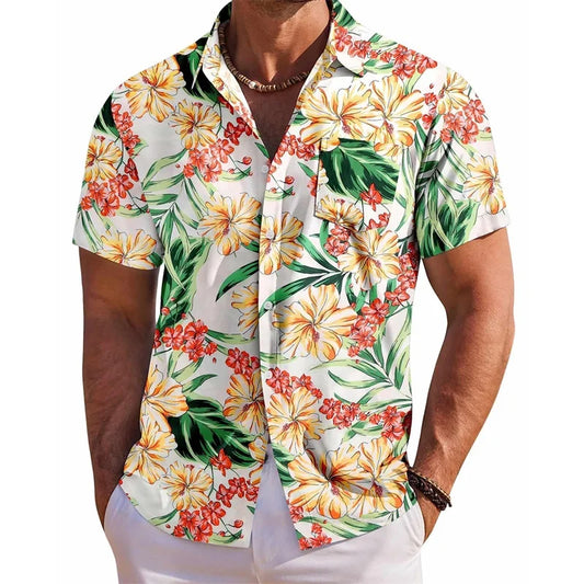 Men s Floral Print Short Sleeve Button Down Shirt with Chest Pocket for Casual Wear and Summer Outings Perfect for Beach and