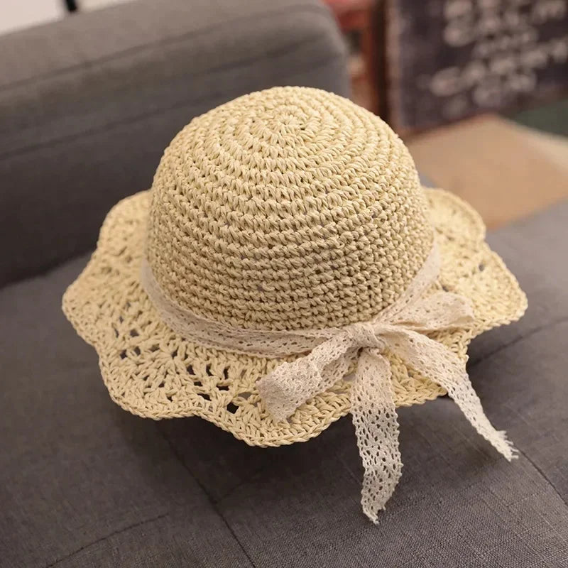 Fashion Lace Baby Hat Summer Straw Bow Baby Girl Cap Beach Children Panama Hat Princess Baby Hats and Caps for Kids 1PC
