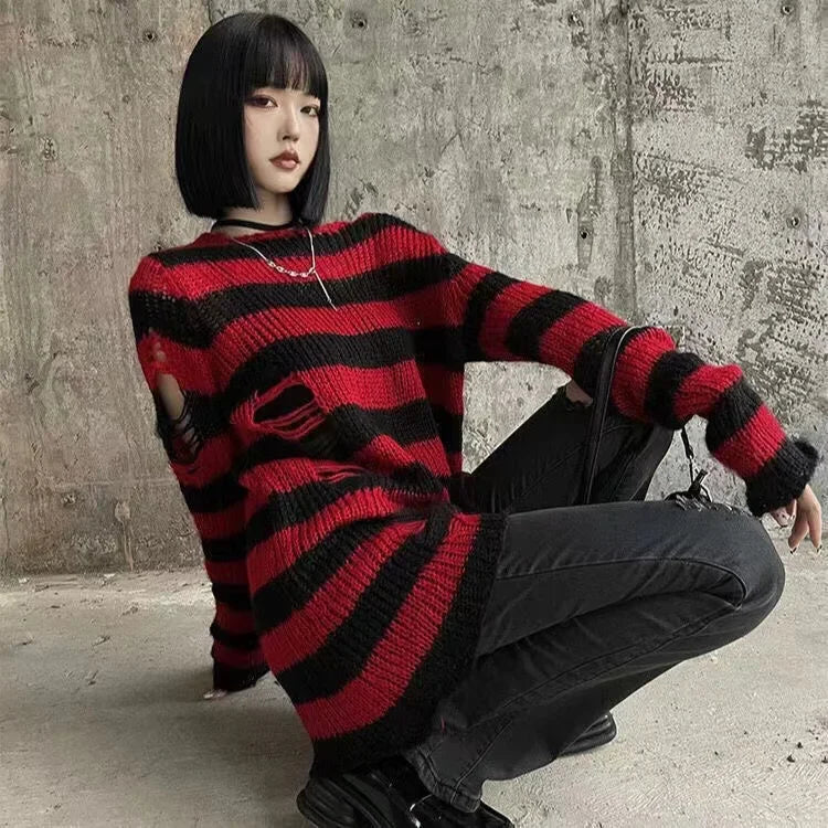 New Autumn Punk Gothic Long Unisex Sweater Women Striped Cool Hollow Out Hole Broken Jumper Loose Rock Thin Dark Streetwear Top
