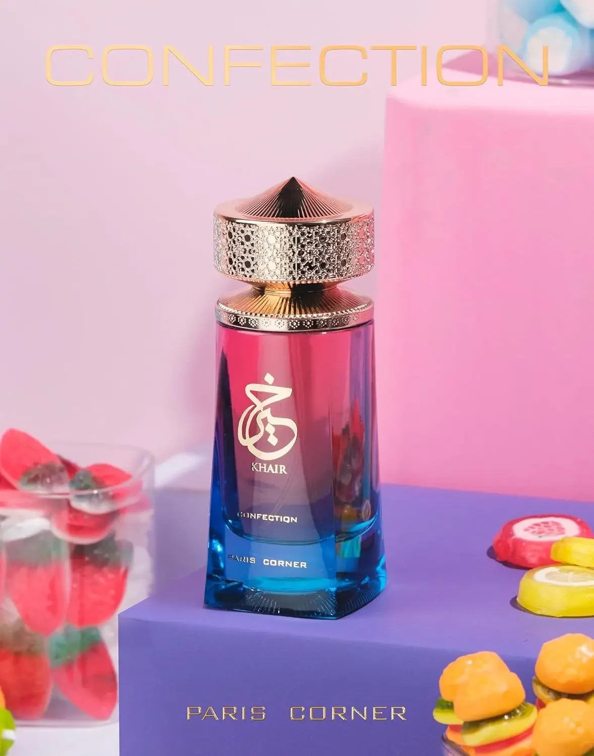 Khair Confection Perfume by Paris Corner, Luxury Fragrance with Gradient Red and Blue Bottle, Gold Cap