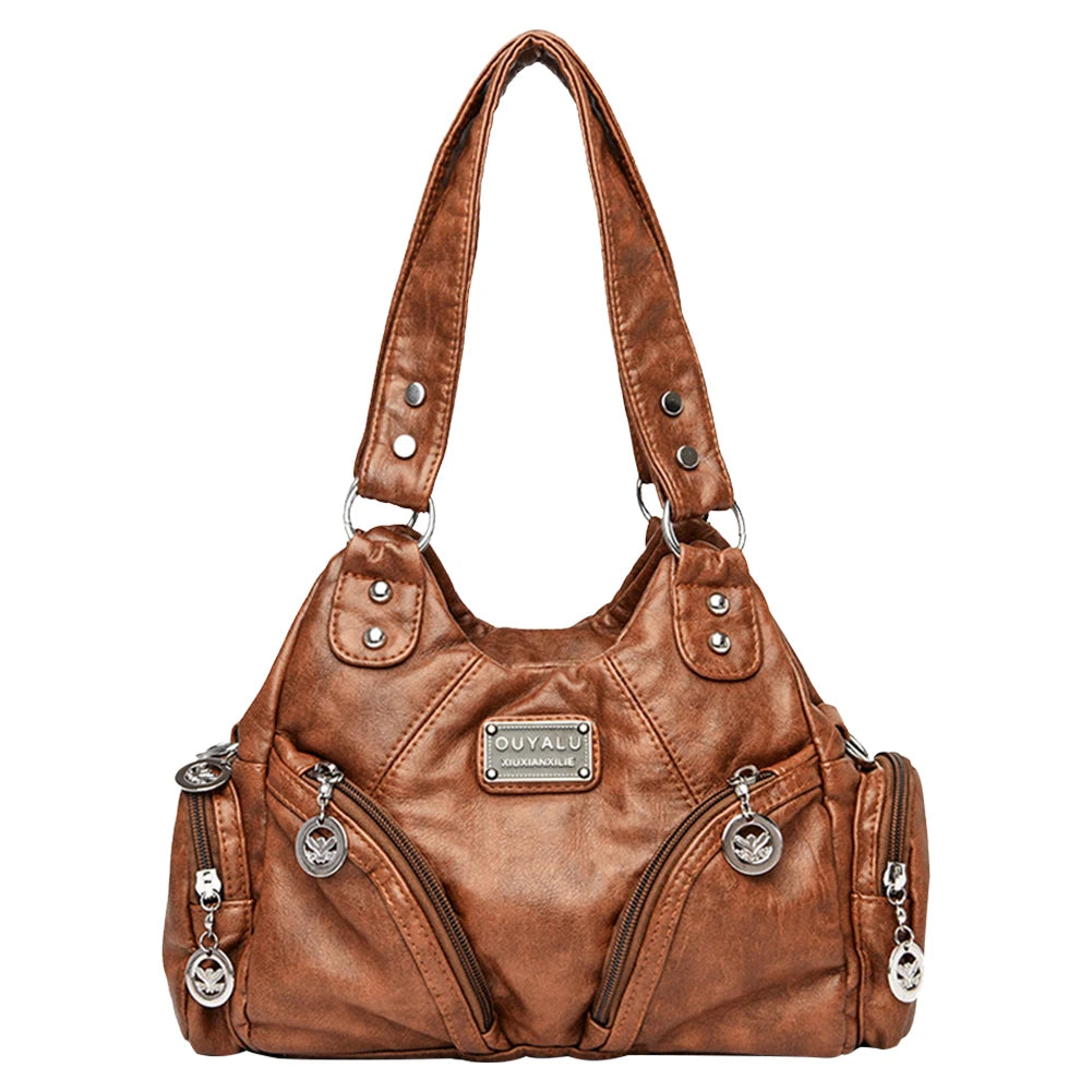 Women Retro Rivet Shoulder Bag Multiple Pockets Leather Tote Bag Detachable Strap Vintage Sling Bag Female Travel Handbag