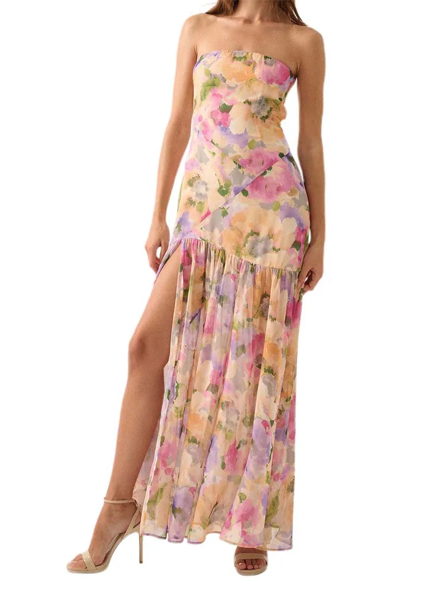 Women s Floral Print Off Shoulder Maxi Dress with Sleeveless Bandeau Top for Summer Beach Vacation