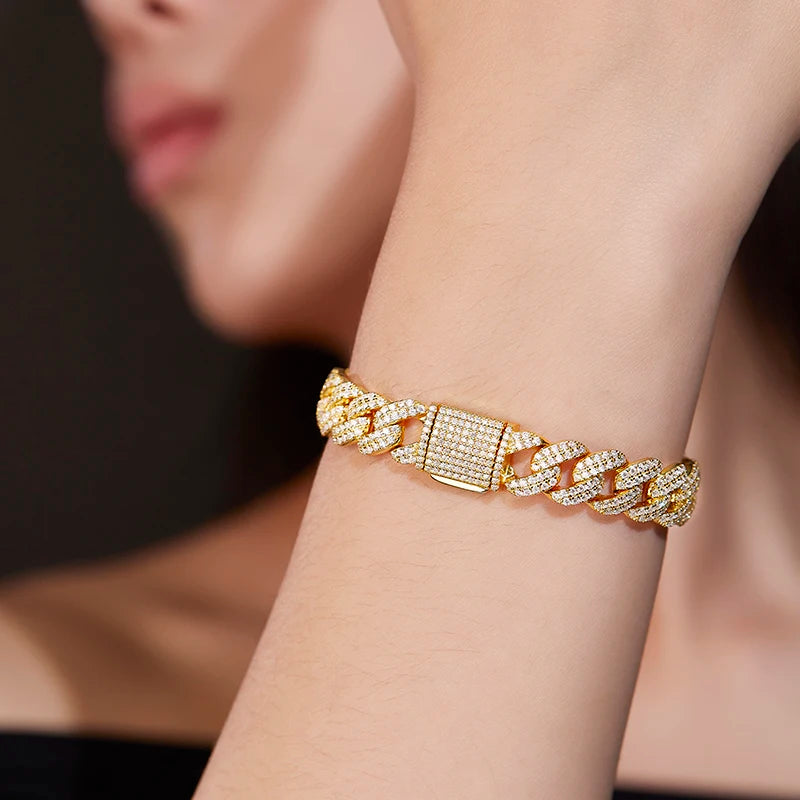 1pc S925 Sterling Silver with 10.4CT-15.3CT Moissanite Cuban Bracelet for Men and Women, Silver Weight: 32.4g | Gemstone Jewelry