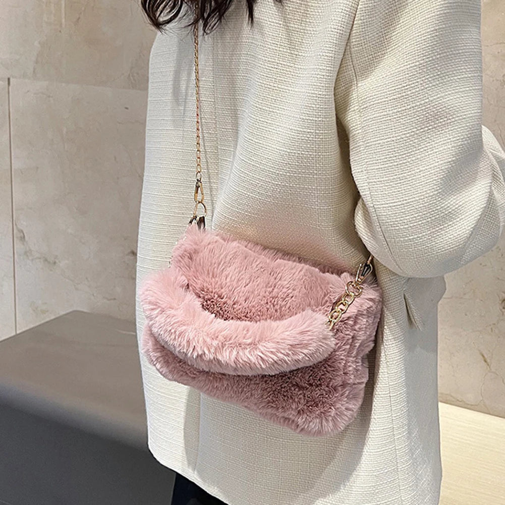 Women Faux Fur Tote Bag Casual Plush Tote Handbag Versatile Fluffy Shoulder Bag Soft Cute Fall Winter Female Purse