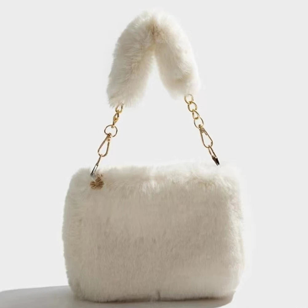 Women Faux Fur Tote Bag Casual Plush Tote Handbag Versatile Fluffy Shoulder Bag Soft Cute Fall Winter Female Purse