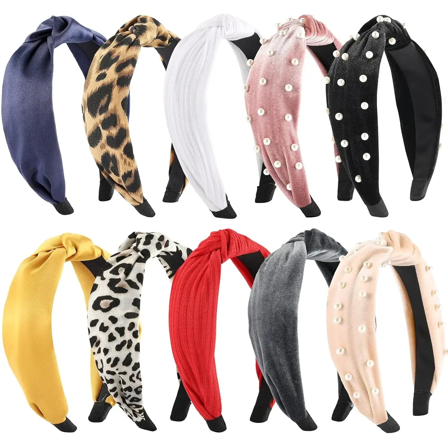 Fashion Headbands for Women Girls, 10 Pcs Knotted Pearl Wide Top Knot Turban Hair Bands/ Hoops Vintage Velvet Leopard Print
