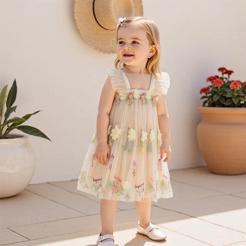 Toddler Girl Sleeveless Floral Embroidered Tulle Dress with Ruffle Square Neckline - Princess Party Dress for Baby Girl