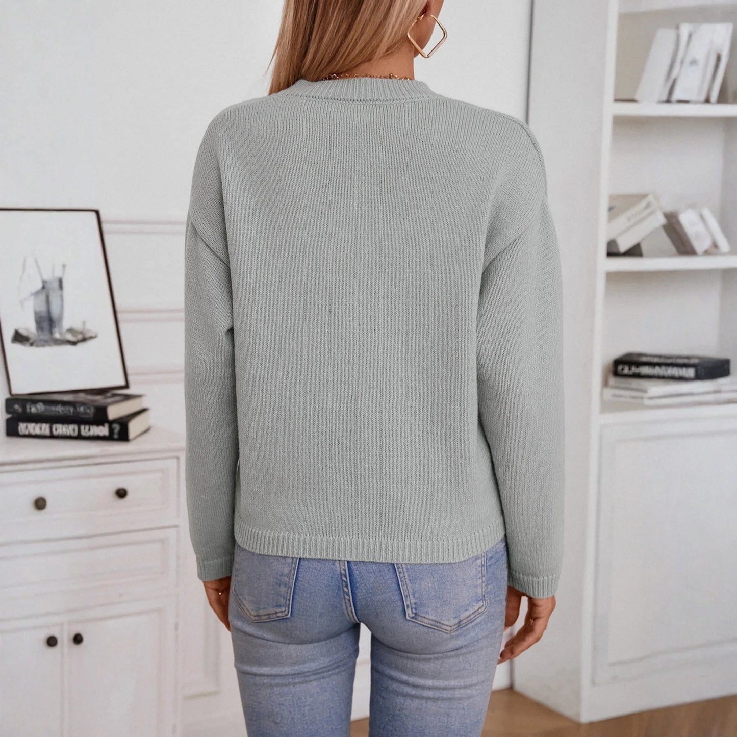 2025 Women'S Fashionable Casual Loose Open Collar Knitted Sweater Long Sleeved Comfortable Pocket Sweater Pullover Sweater