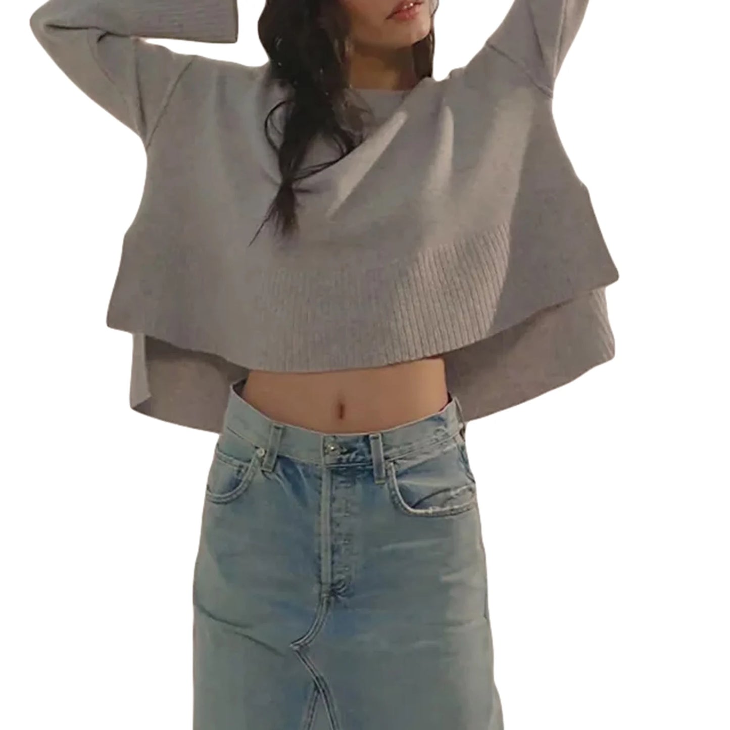 Women s Autumn Winter Knit Sweater Long Flared Sleeve Solid Color Loose Knitwear