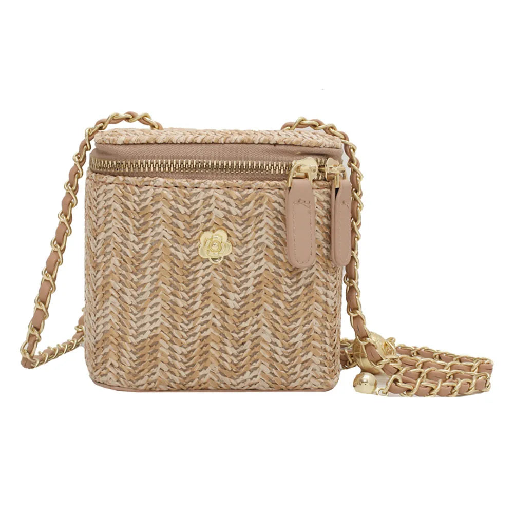 Women Weaving Beach Handbag with Chain Straw Bucket Satchel Bag Bohemian Top Handle Bag Ladies Summer Daily Bag