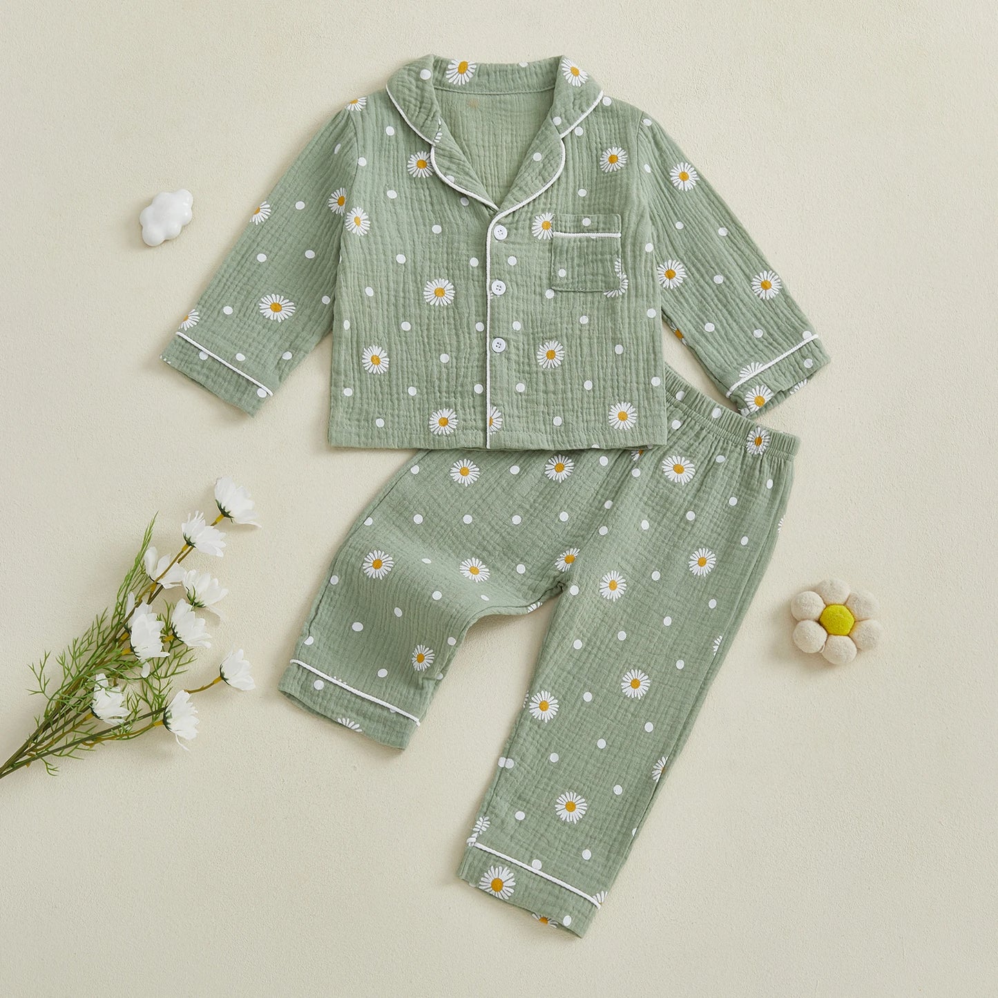 Autumn Kids Girls Pajamas Set Flower Print Long Sleeve Tops Elastic Waist Pants Sleepwear Fall Clothes
