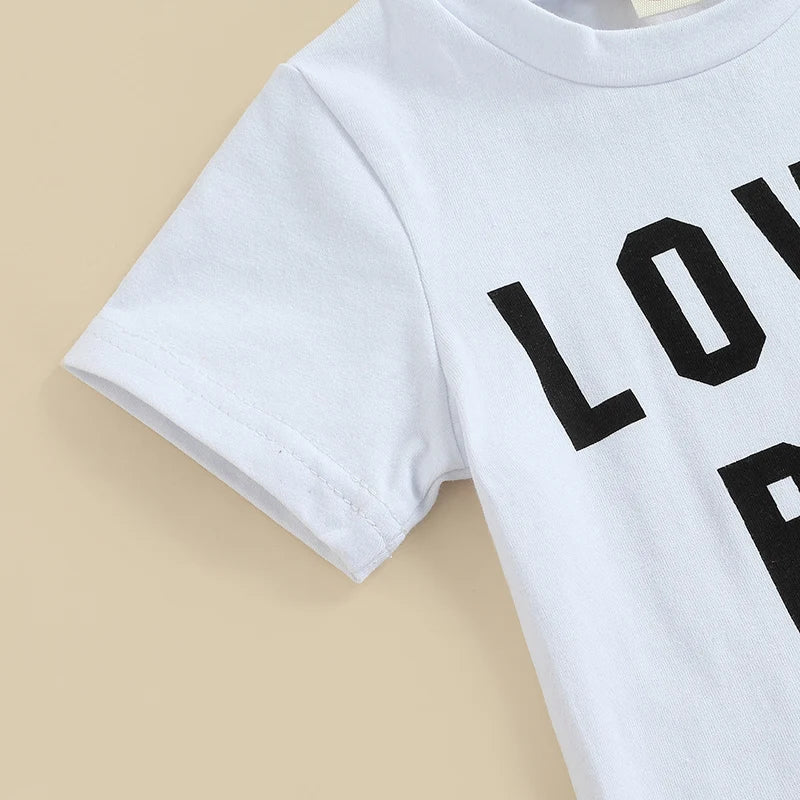 Boys 2-Piece Set with Short Sleeve Letter Print T-Shirt and Solid Color Long Pants Round Neck Tee and Trouser Outfit