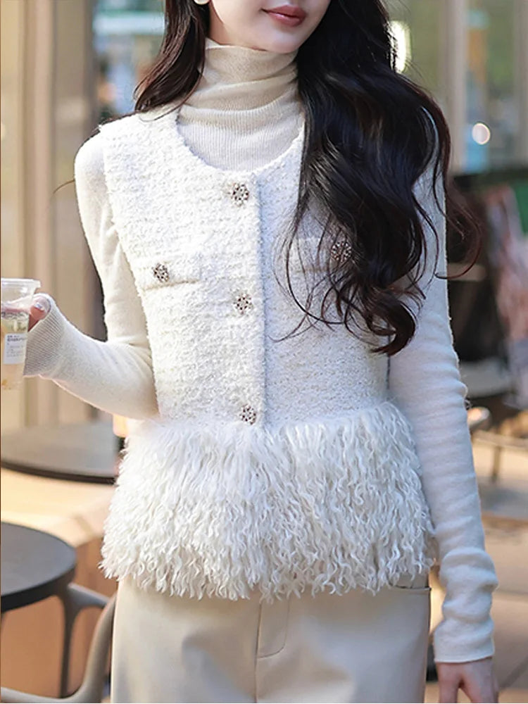 White sleeveless vest small coat elegant casual autumn and winter fashion tassel vest top short style gentle style for women