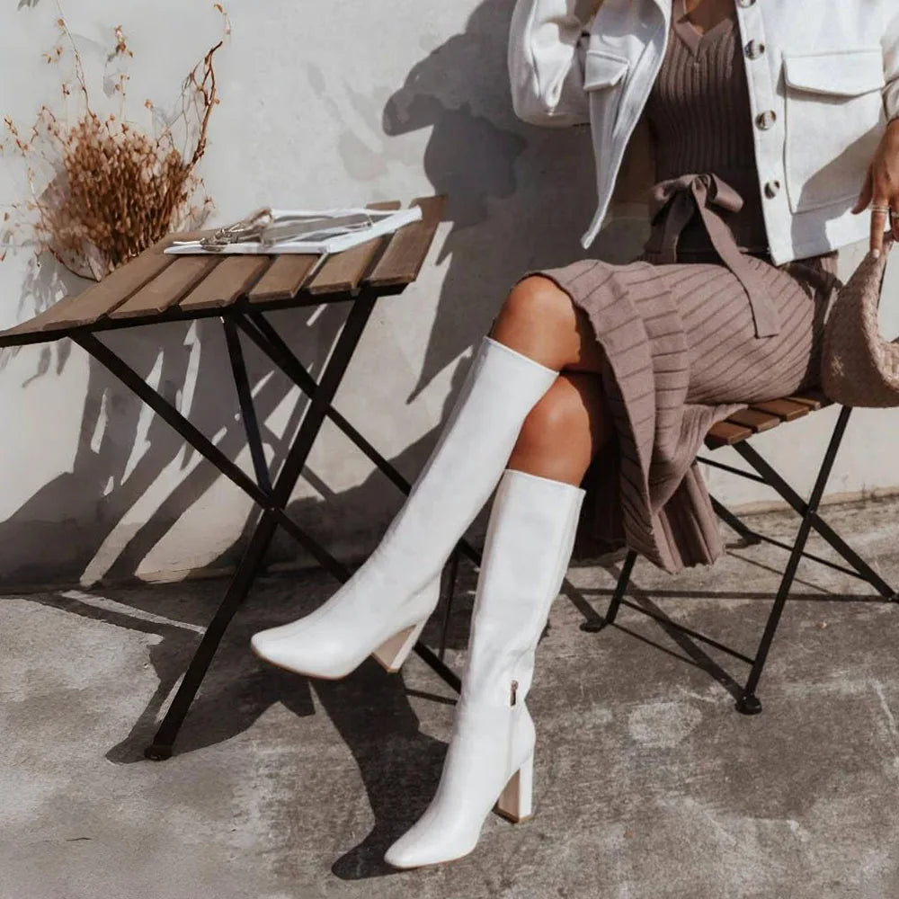 GIGIFOX Women Chunky High Heel Boots Square Toe Pull-on Side Zipper Knee High Shoes Elegant Fashion Dress Party Boots For Woman