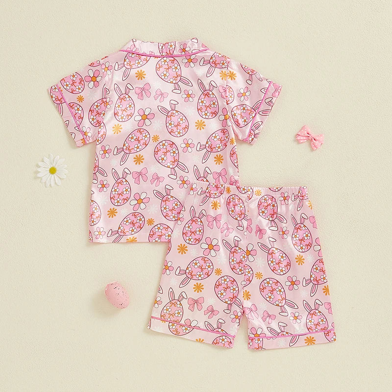 Adorable Toddler Girl Easter Pajamas Set with Egg and Floral Print Short Sleeve Lapel Tops and Elastic Waist Shorts Sleepwear