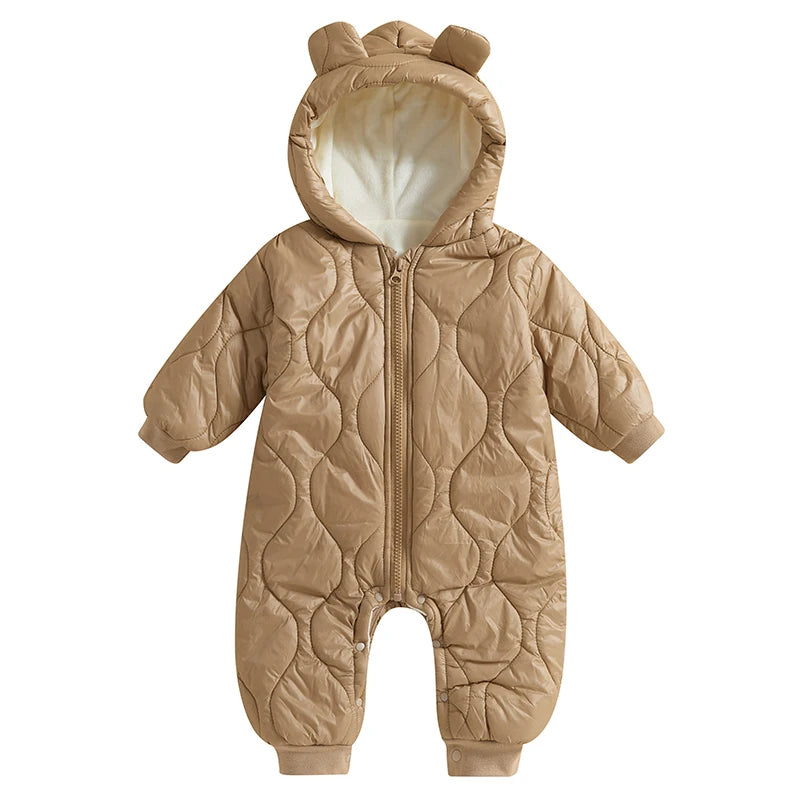 Infant Toddler Unisex Snowsuit Cozy Hooded Jumpsuit Winter Outerwear Puffer Coat with Zipper Closure and Long Sleeves