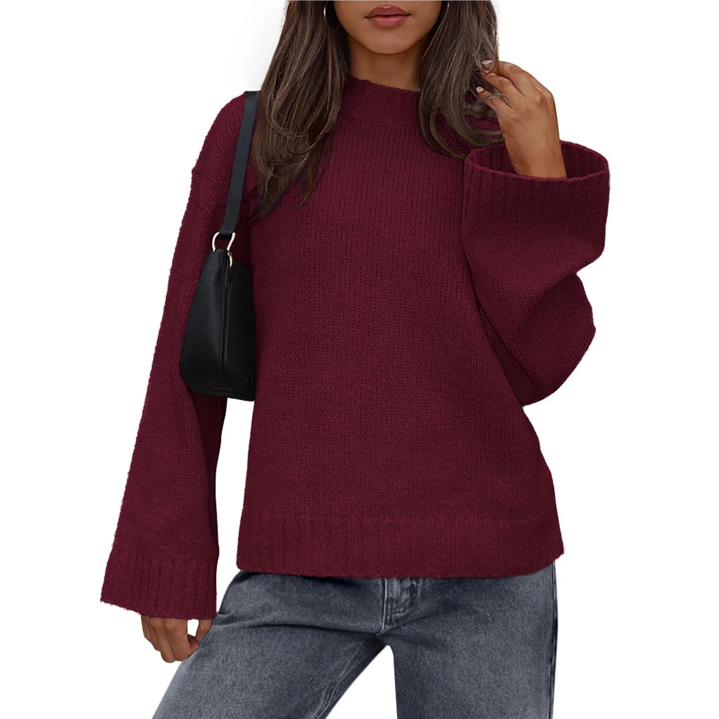 Womens Loose Round Neck Solid Color Bell Sleeve Long Sleeve Knitted Sweater Top Ropa De Mujer Sweater De Mujer Pull Femme