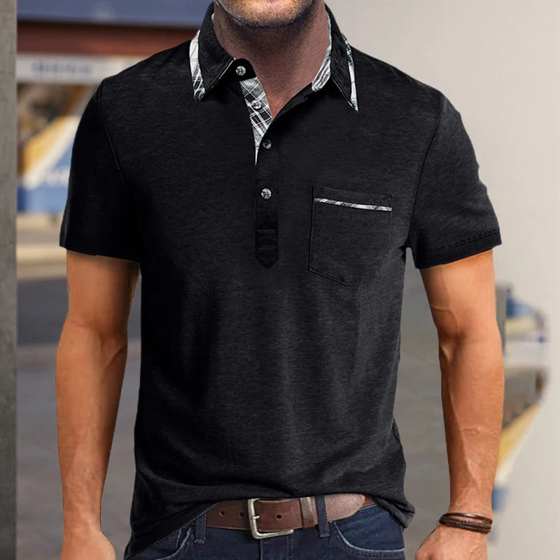 Men s Casual Short Sleeve Shirt Regular Fit Plaid Trim Half Button-up Lapel Neck Top Summer Clothing Collection