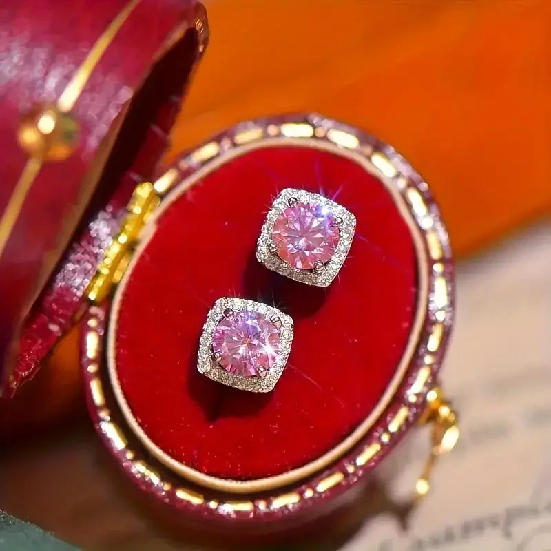 925 Silver Plating. 1 Carat Pink Moissanite* 2, Fashionable Earrings for Men and Women