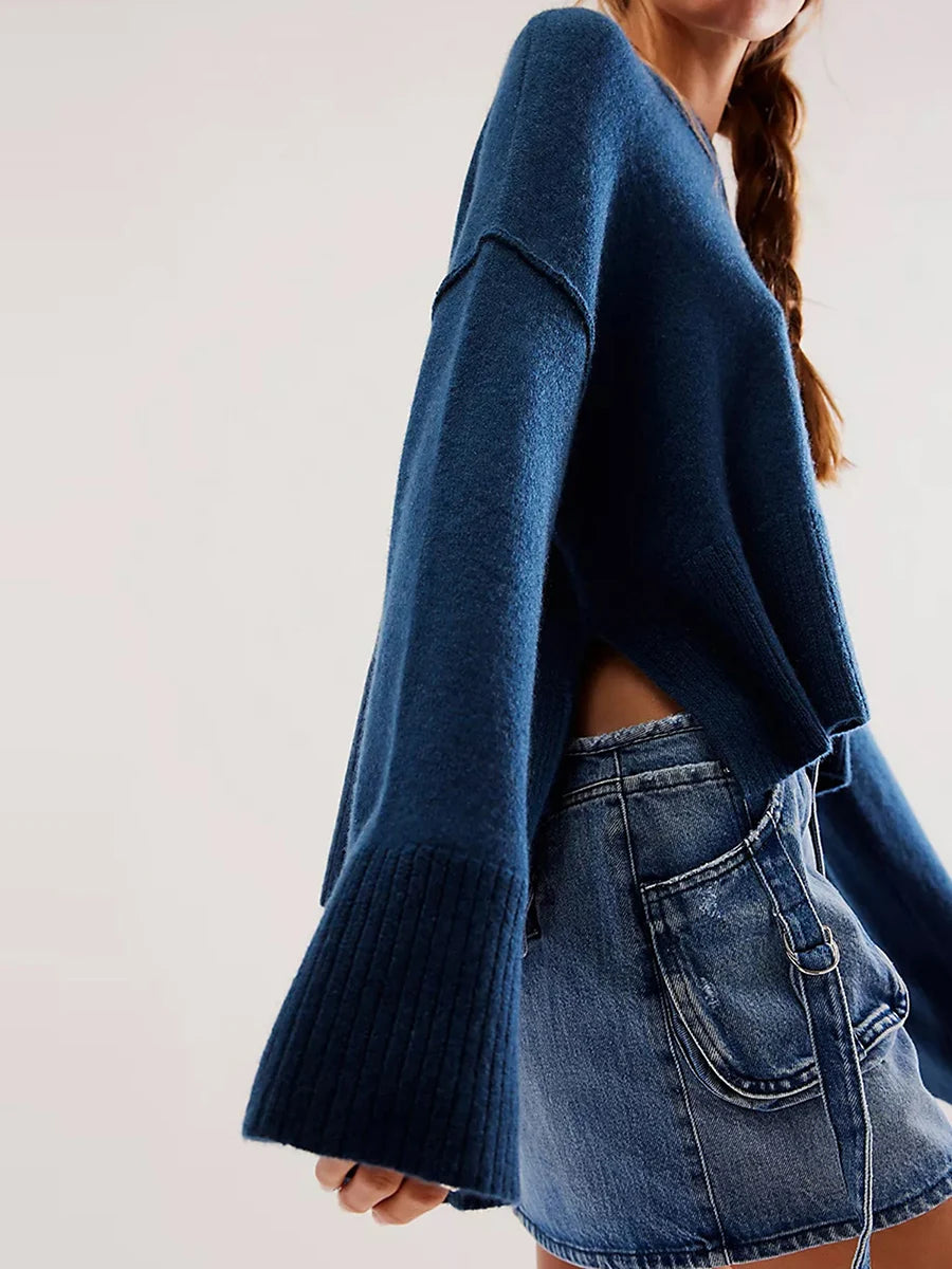 Women s Autumn Winter Knit Sweater Long Flared Sleeve Solid Color Loose Knitwear