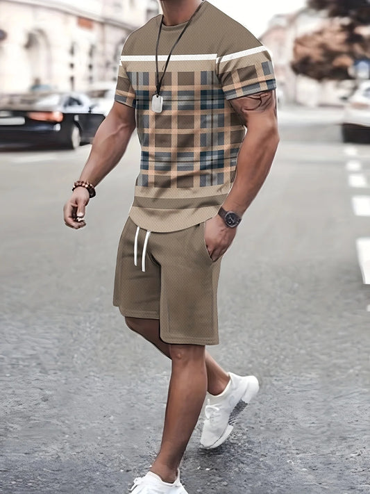 Men's trendy round neck short-sleeved shorts two-piece suit, 3D digital printing high-definition pattern, summer leisure and com