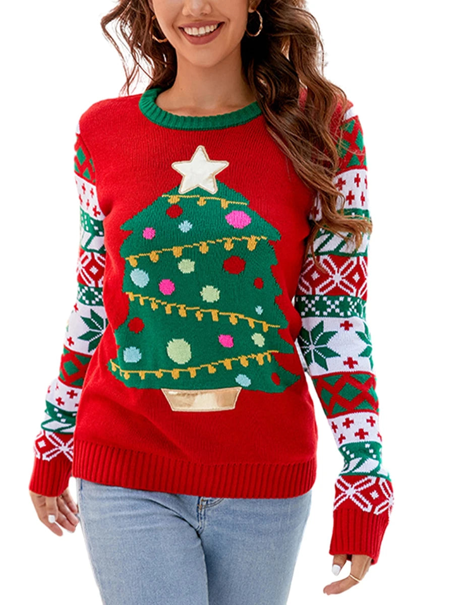 Women s Christmas Tree Sweaters Star Embroidery Long Sleeve Round Neck Pullover Casual Knit Tops