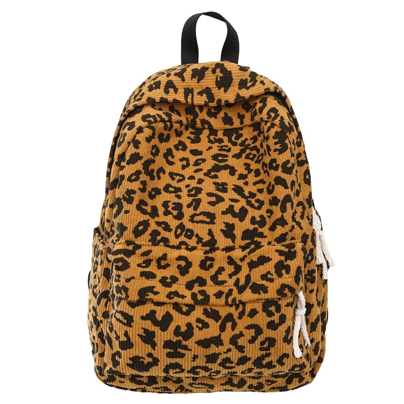 Corduroy Leopard Backpack Teenagers School Bag Large Capacity Stylish Shoulder Backpack Multi Pockets Travel Rucksack