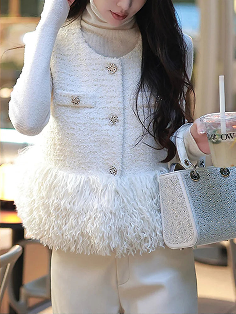 White sleeveless vest small coat elegant casual autumn and winter fashion tassel vest top short style gentle style for women