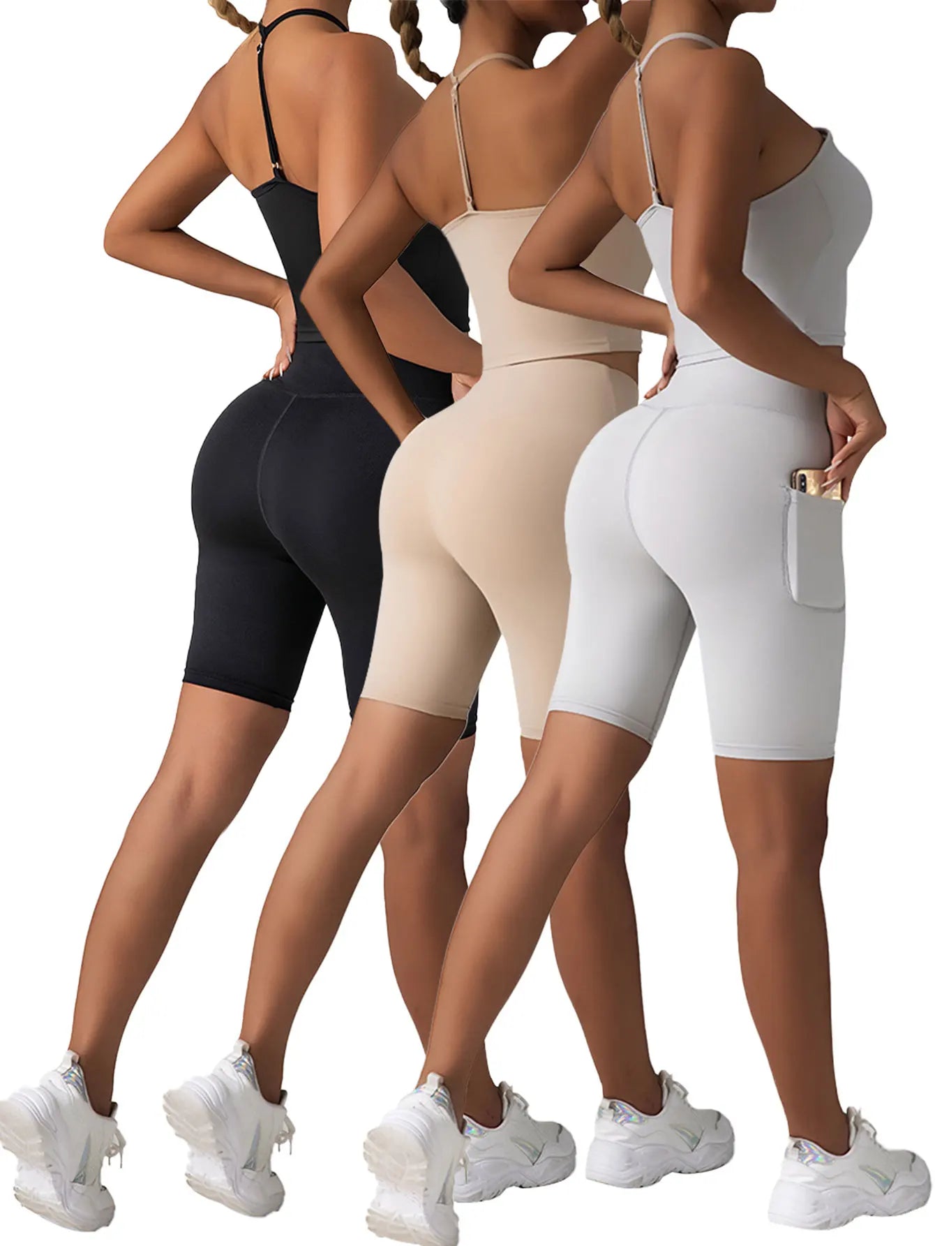 3 Pack US Local Women's High Waist Yoga Shorts Tummy Control Fitness Athletic Workout Running Shorts With Deep Pockets