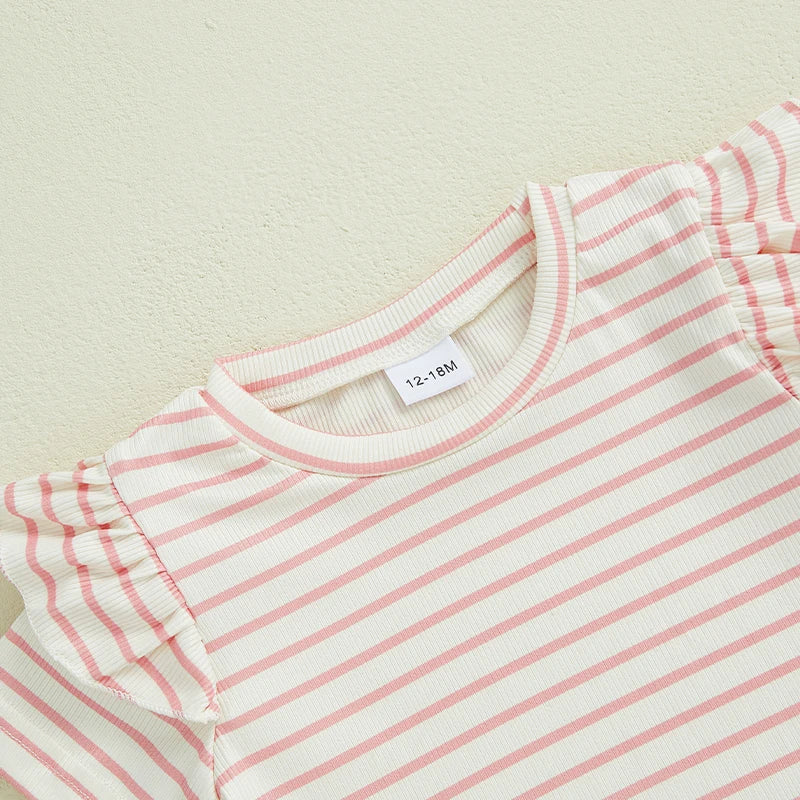Girls Summer Outfits Lettuce Trim Striped Print Ruffles Short Sleeves T-Shirt with Elastic Flare Pants - Adorable Matching