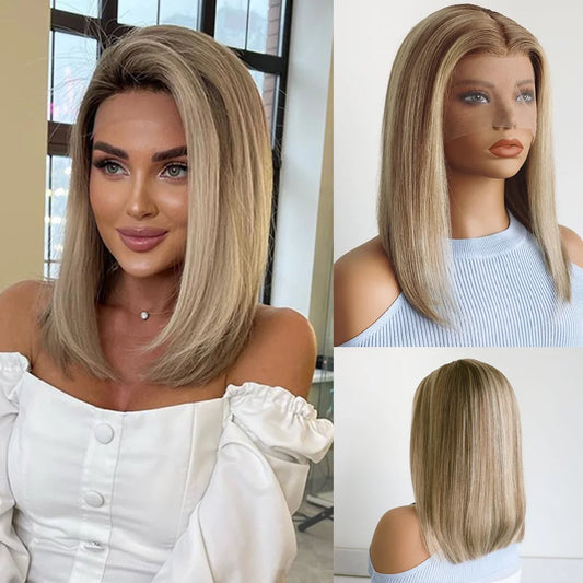 Ombre Ash Blonde Wig Human Hair 13x4 Lace Front Wig Human Hair Highlight Short Bob Wig HD Transparent Lace Front Human Hair Wigs